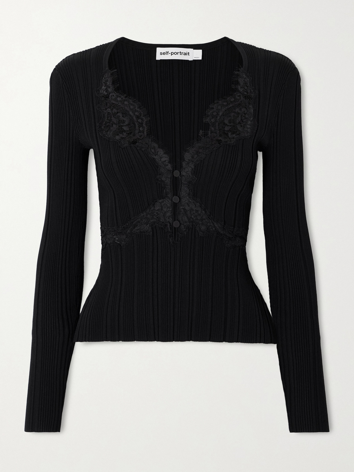 Self-portrait Lace-trimmed Ribbed-knit Top In Black