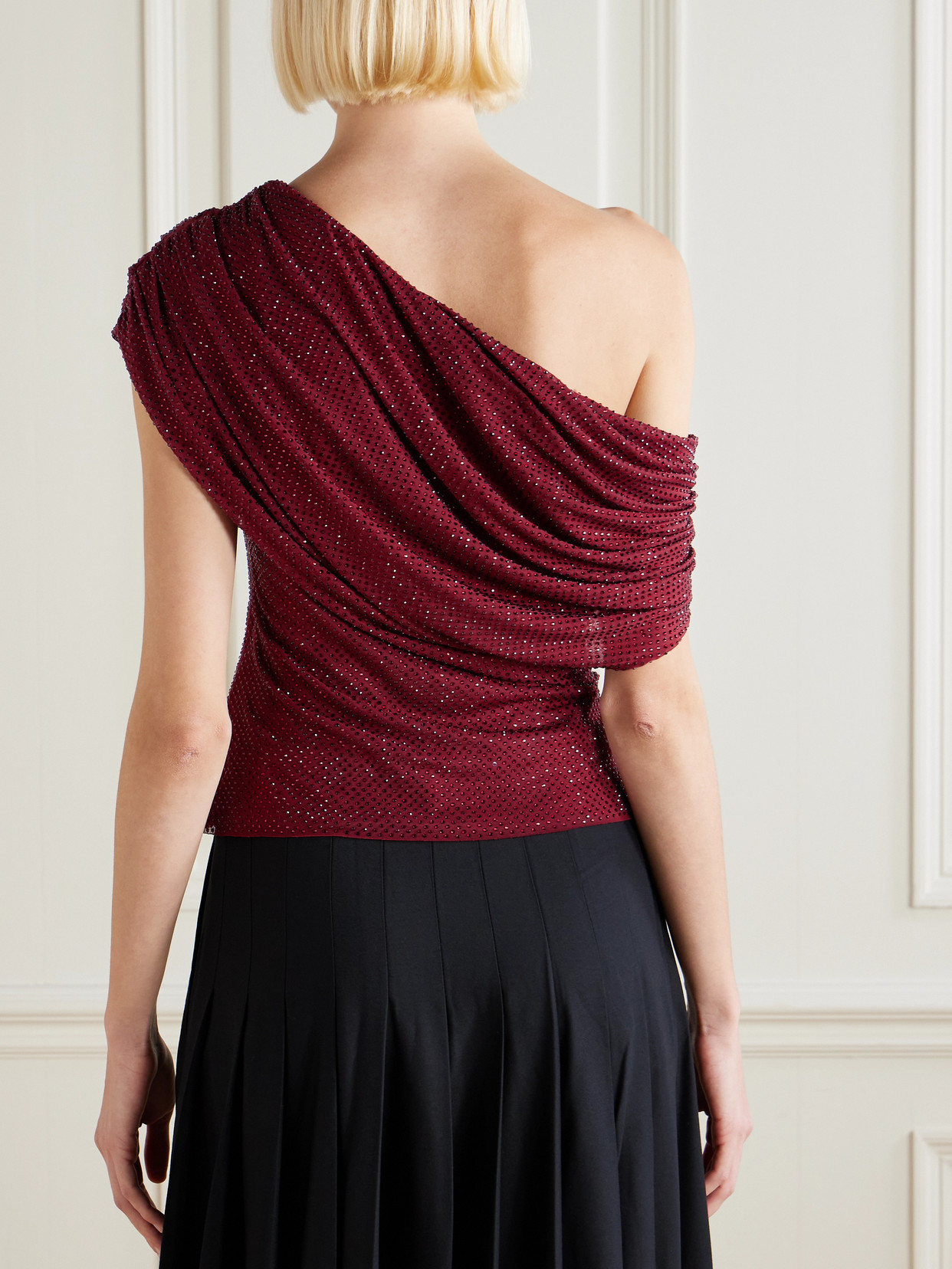 Self-portrait Off-the-shoulder Draped Crystal-embellished Mesh Top In Burgundy