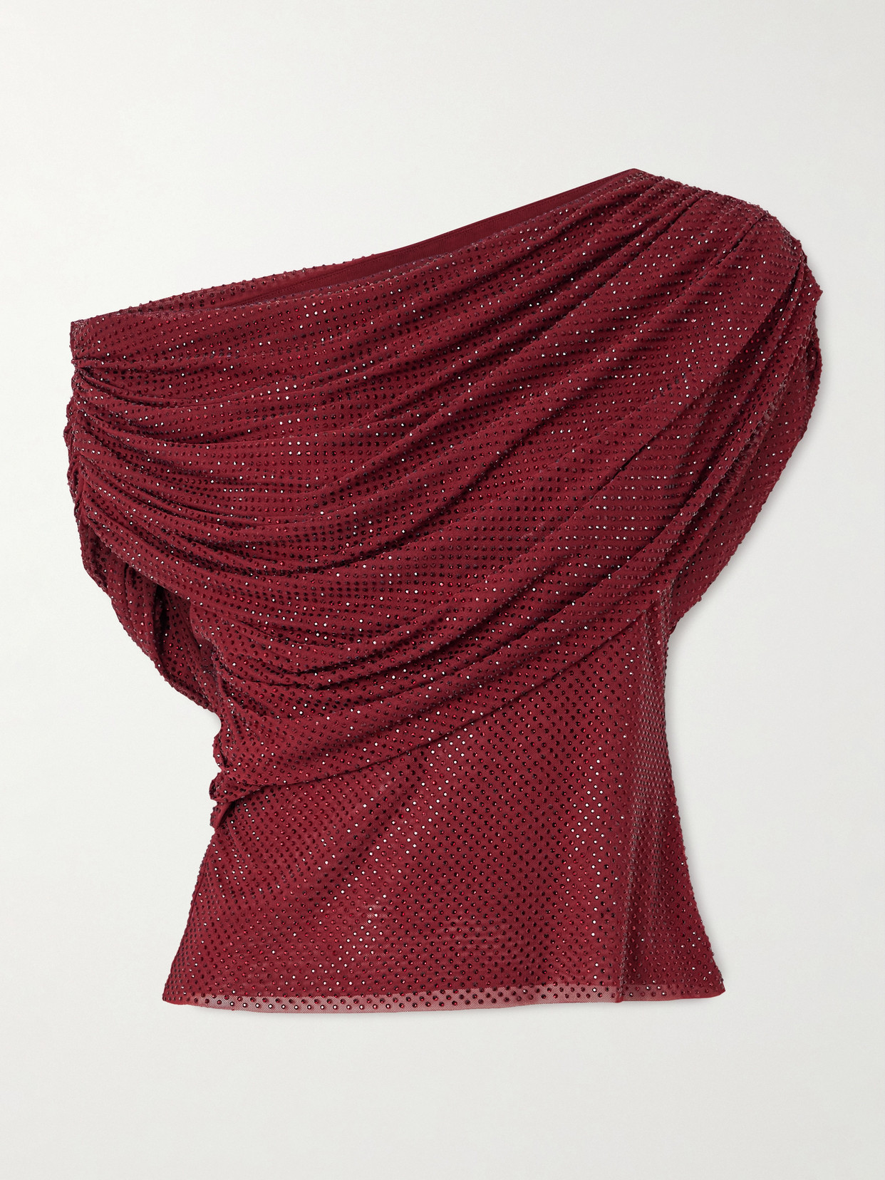 Self-portrait Off-the-shoulder Draped Crystal-embellished Mesh Top In Burgundy