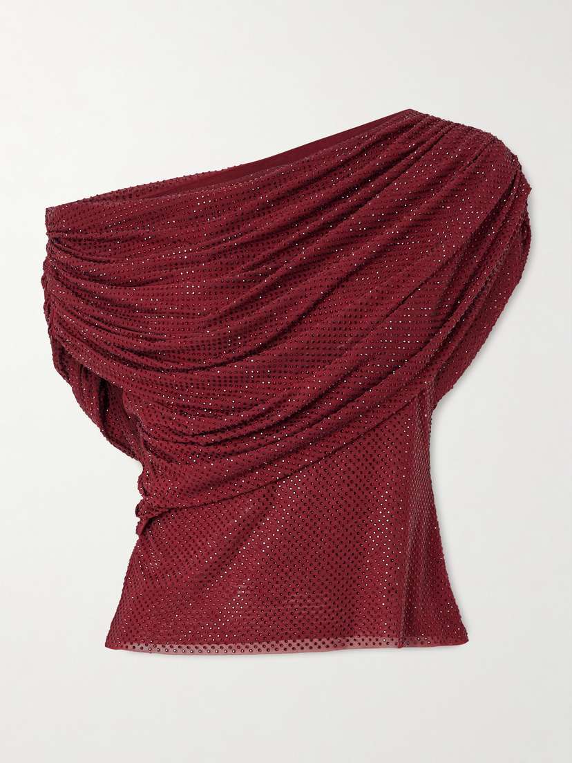 Self-Portrait Off-the-shoulder Draped Crystal-embellished Mesh Top