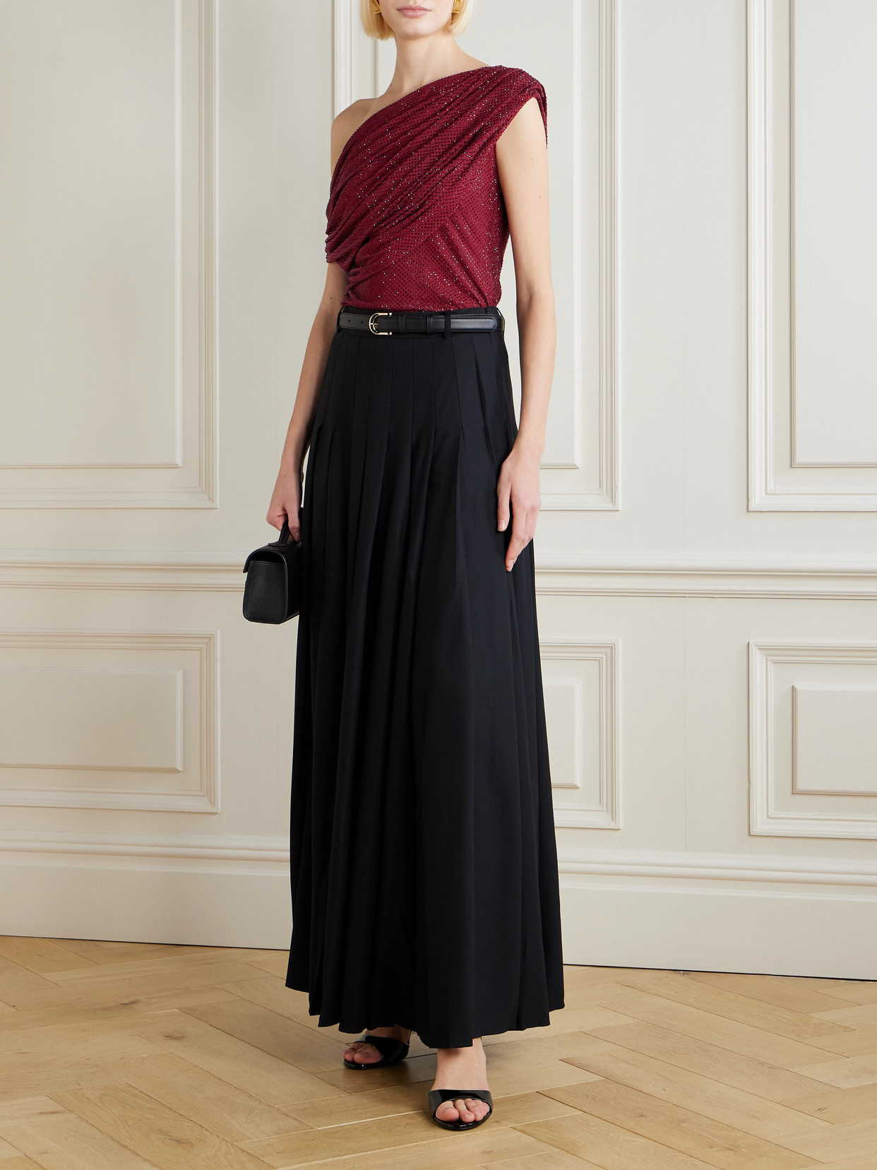 Self-portrait Off-the-shoulder Draped Crystal-embellished Mesh Top In Burgundy