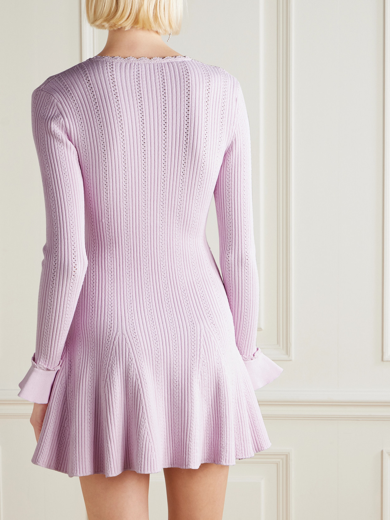 Self-portrait Faux Pearl-embellished Ribbed Pointelle-knit Mini Dress In Pink