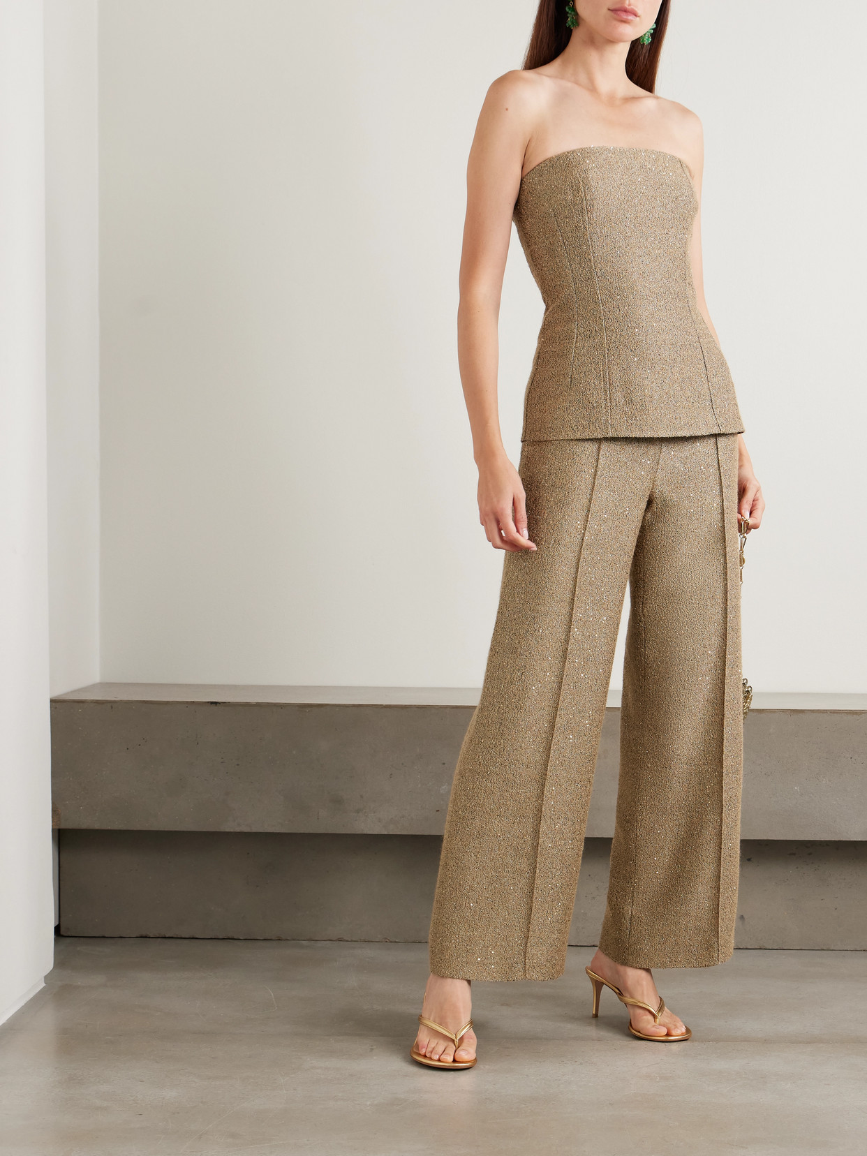 Emilia Wickstead Daffy Pleated Sequined Metallic Tweed Wide-leg Pants In Brown