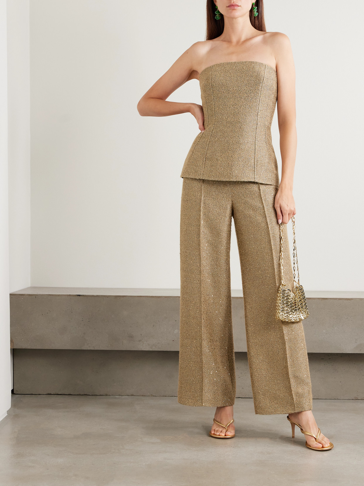 Emilia Wickstead Kerina Strapless Sequined Metallic Tweed Bustier Top In Gold