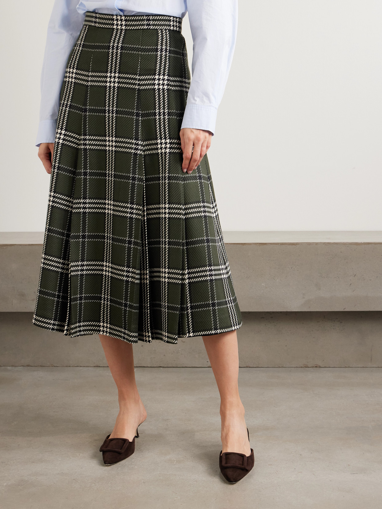 Emilia Wickstead Kensie Checked Wool-blend Midi Skirt In Green