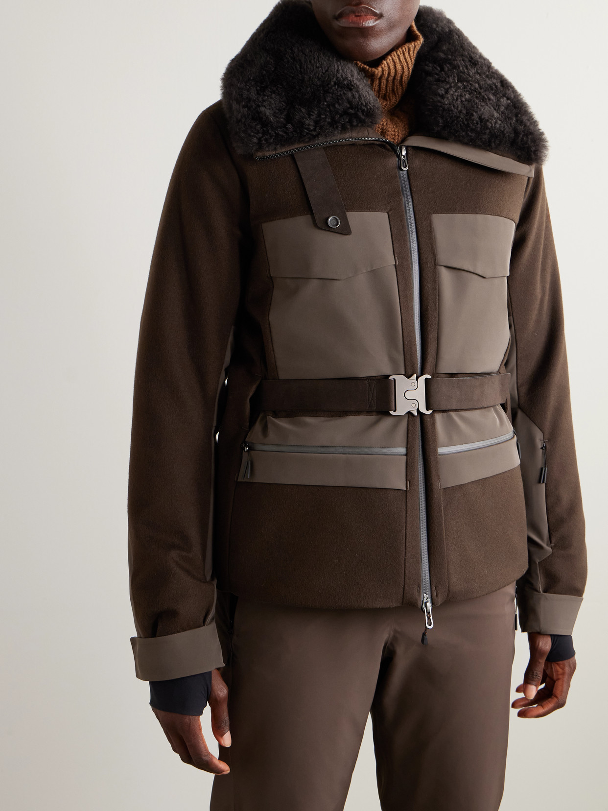Sease Belted Plush And Twill-trimmed Wool And Cashmere-blend Felt Down Ski Jacket In Brown