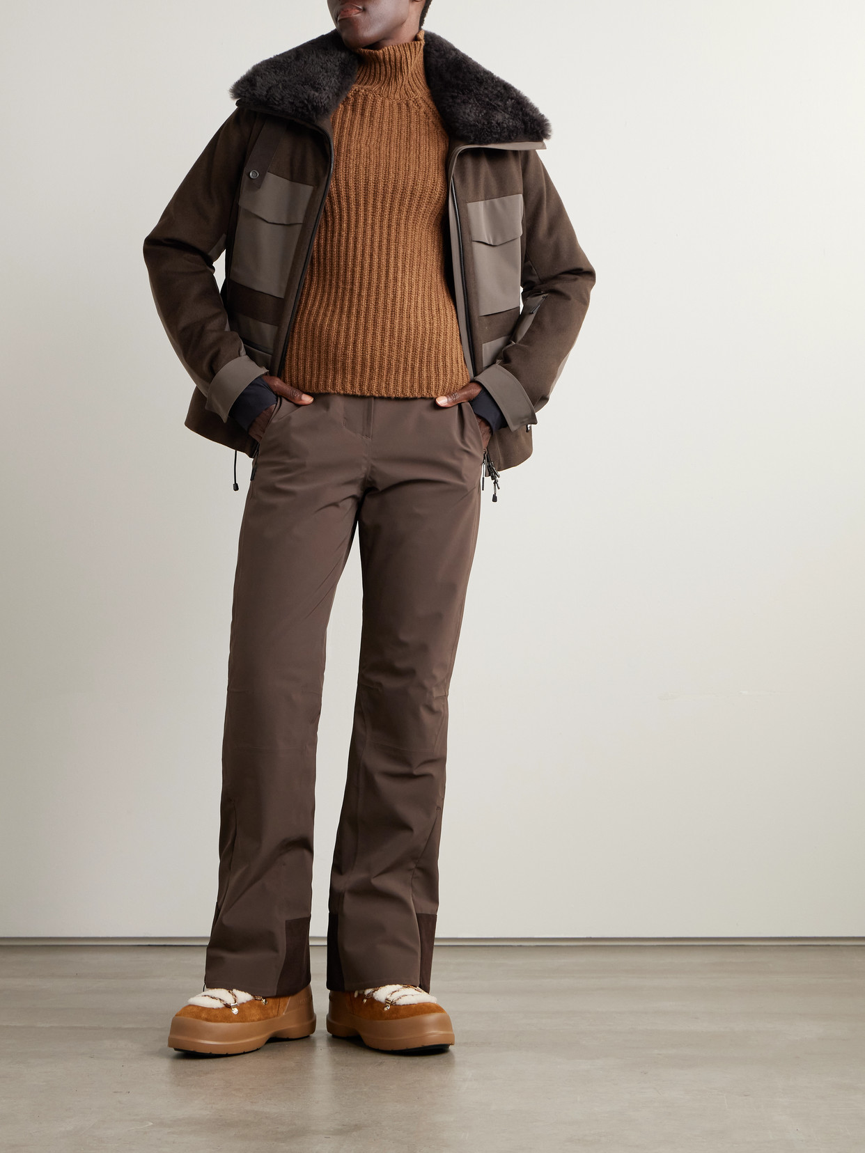 Sease Belted Plush And Twill-trimmed Wool And Cashmere-blend Felt Down Ski Jacket In Brown