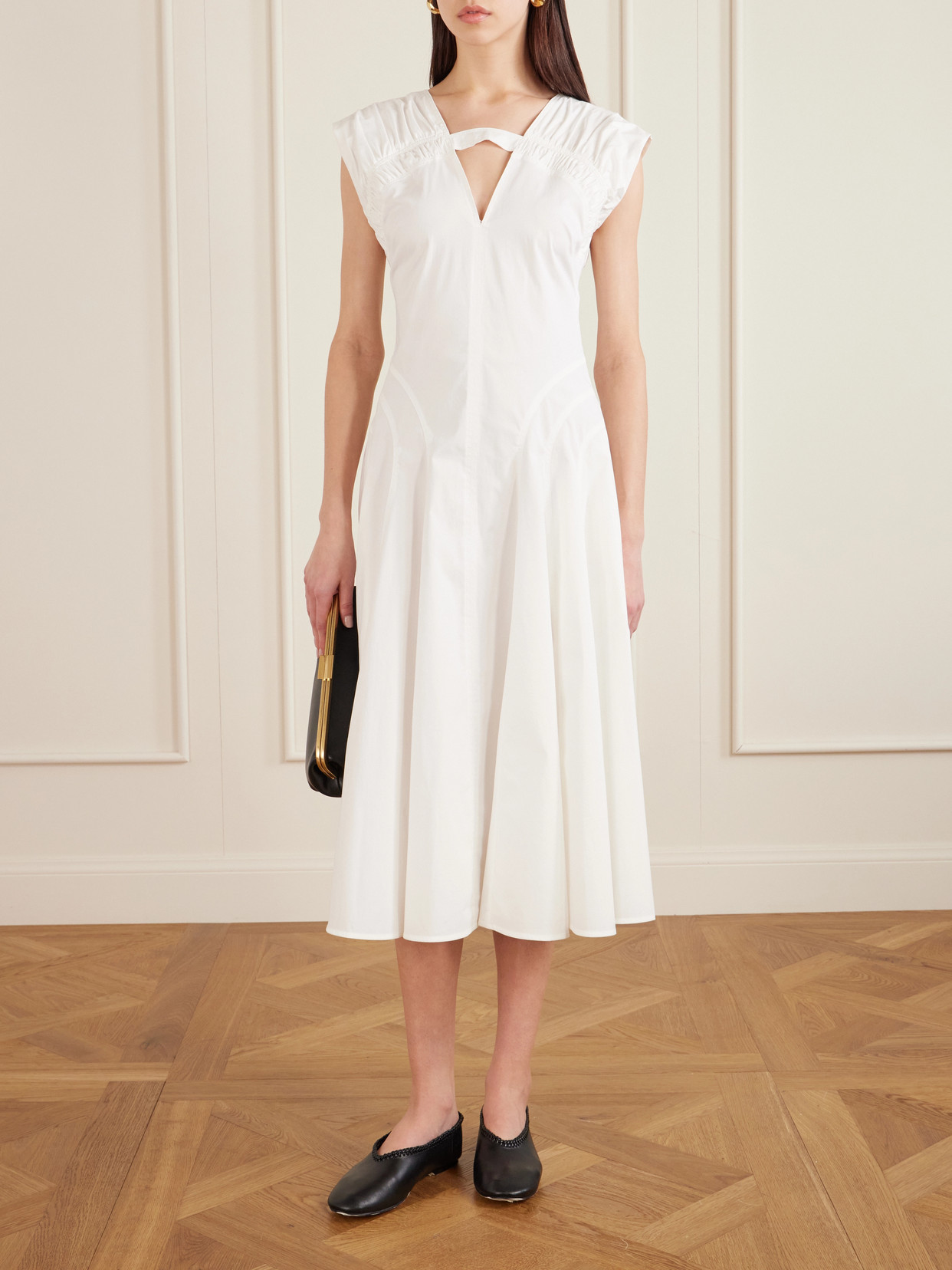 Proenza Schouler Manoela Ruched Paneled Cotton-blend Poplin Midi Dress In White
