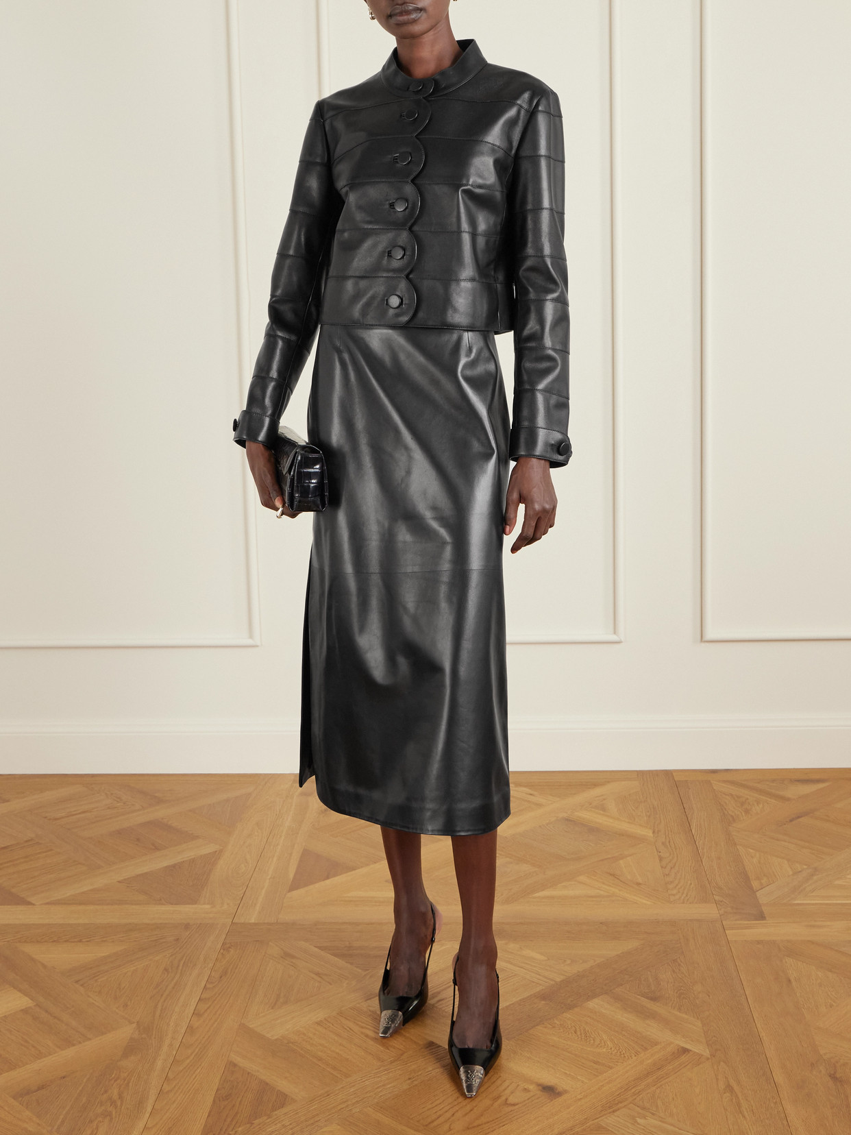 Veronica De Piante Gisele Paneled Leather Midi Skirt In Black