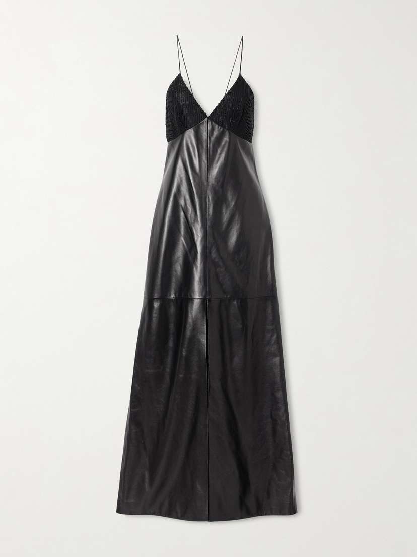 Veronica de Piante Amelia Embellished Silk-trimmed Leather Maxi Dress