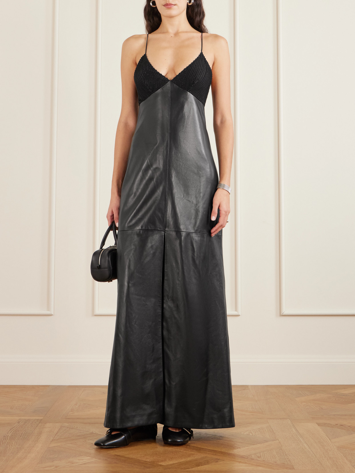 Veronica De Piante Amelia Embellished Silk-trimmed Leather Maxi Dress In Black