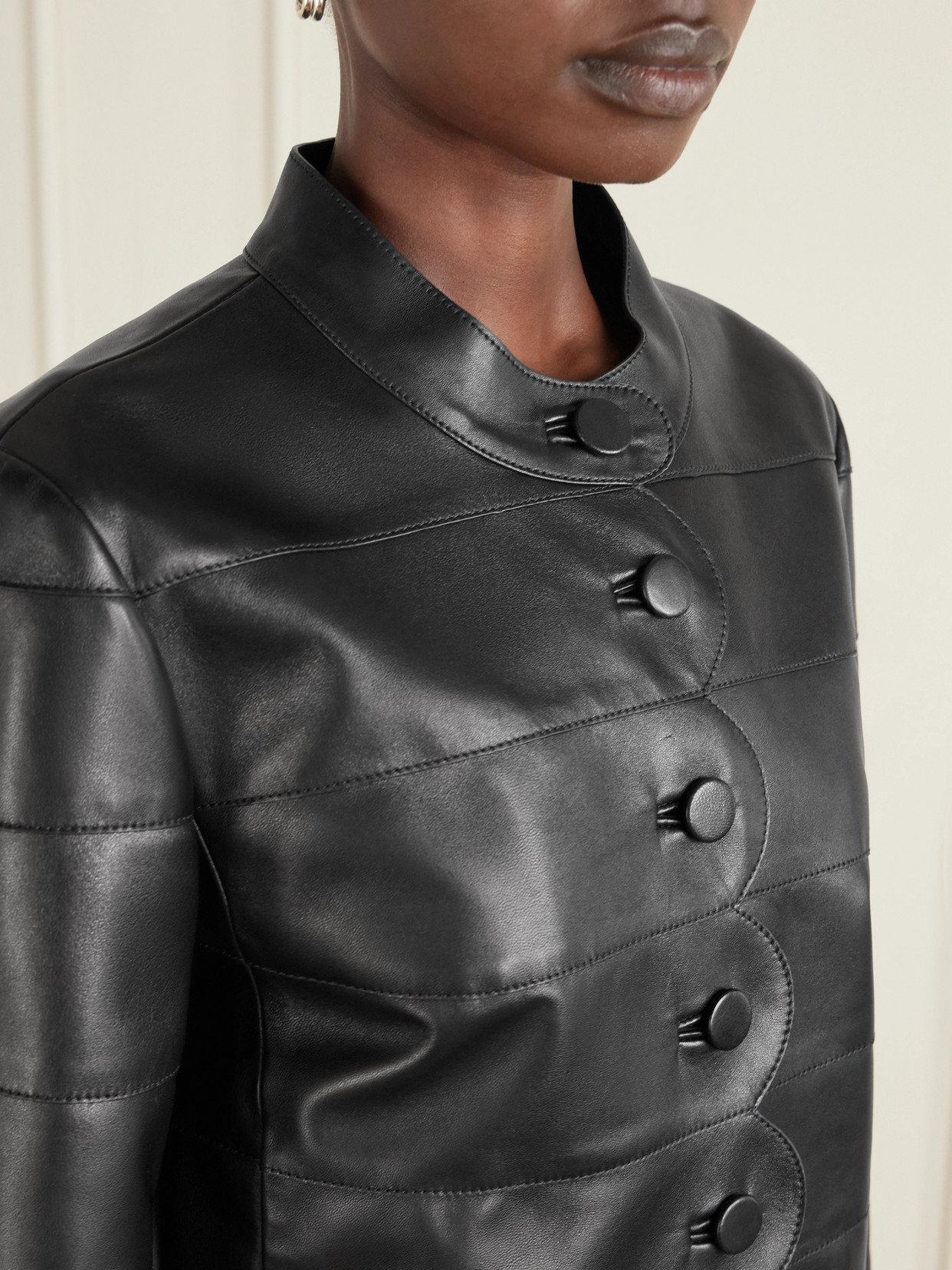 Veronica De Piante Rory Scalloped Leather Jacket In Black
