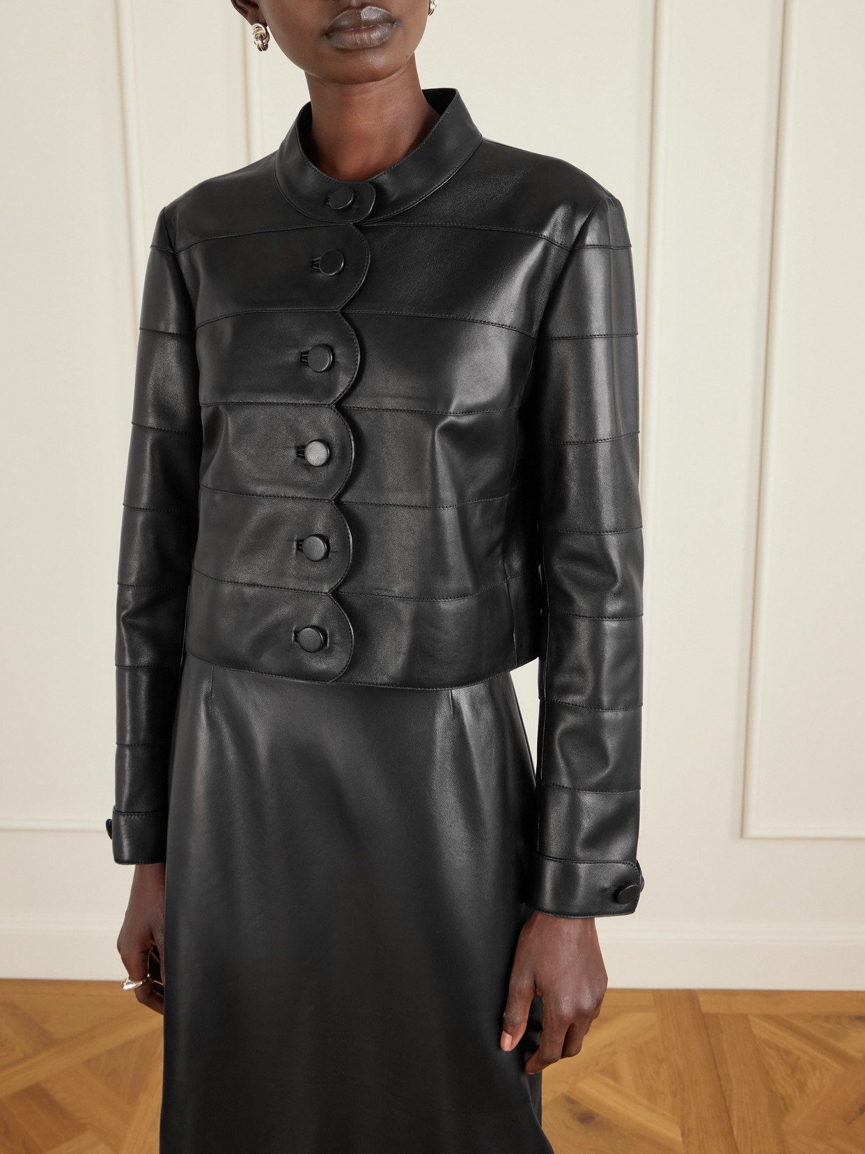 Veronica De Piante Rory Scalloped Leather Jacket In Black