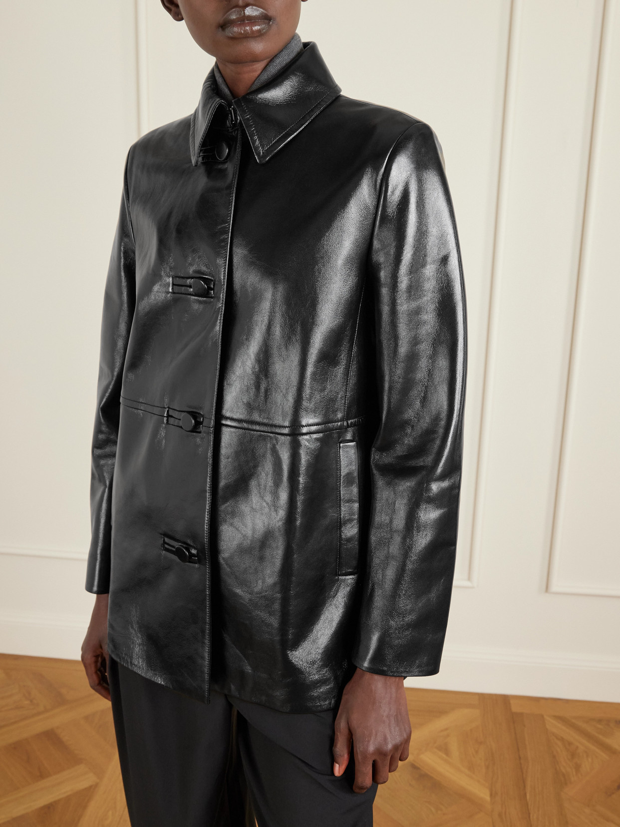 Veronica De Piante Jess Paneled Glossed-leather Jacket In Black