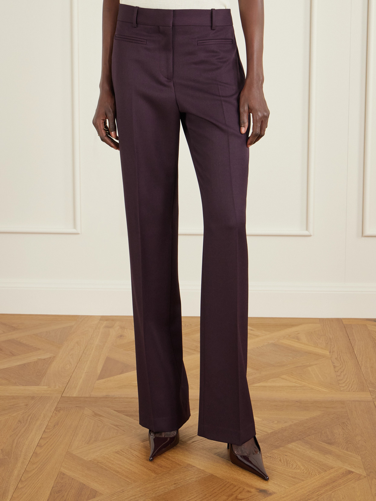Veronica De Piante Pleated Grain De Poudre Wool Flared Pants In Purple