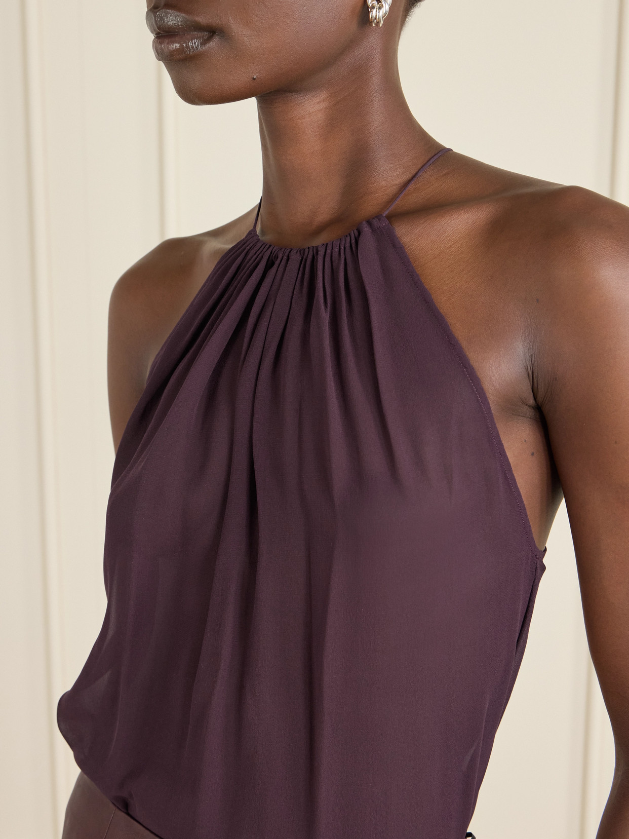 Veronica De Piante Greta Gathered Silk-chiffon Top In Purple