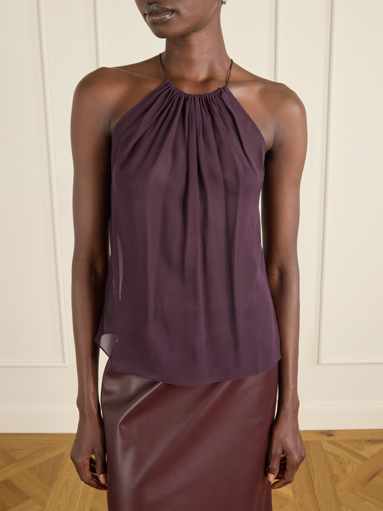 Veronica De Piante Greta Gathered Silk-chiffon Top In Purple