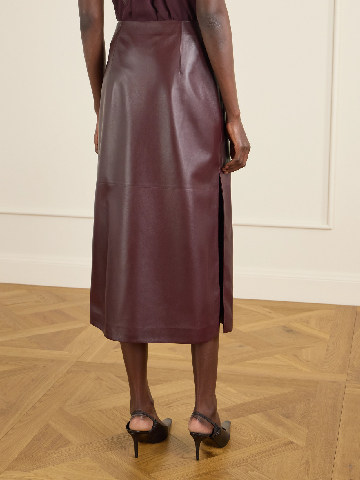 Veronica De Piante Gisele Paneled Leather Midi Skirt In Brown