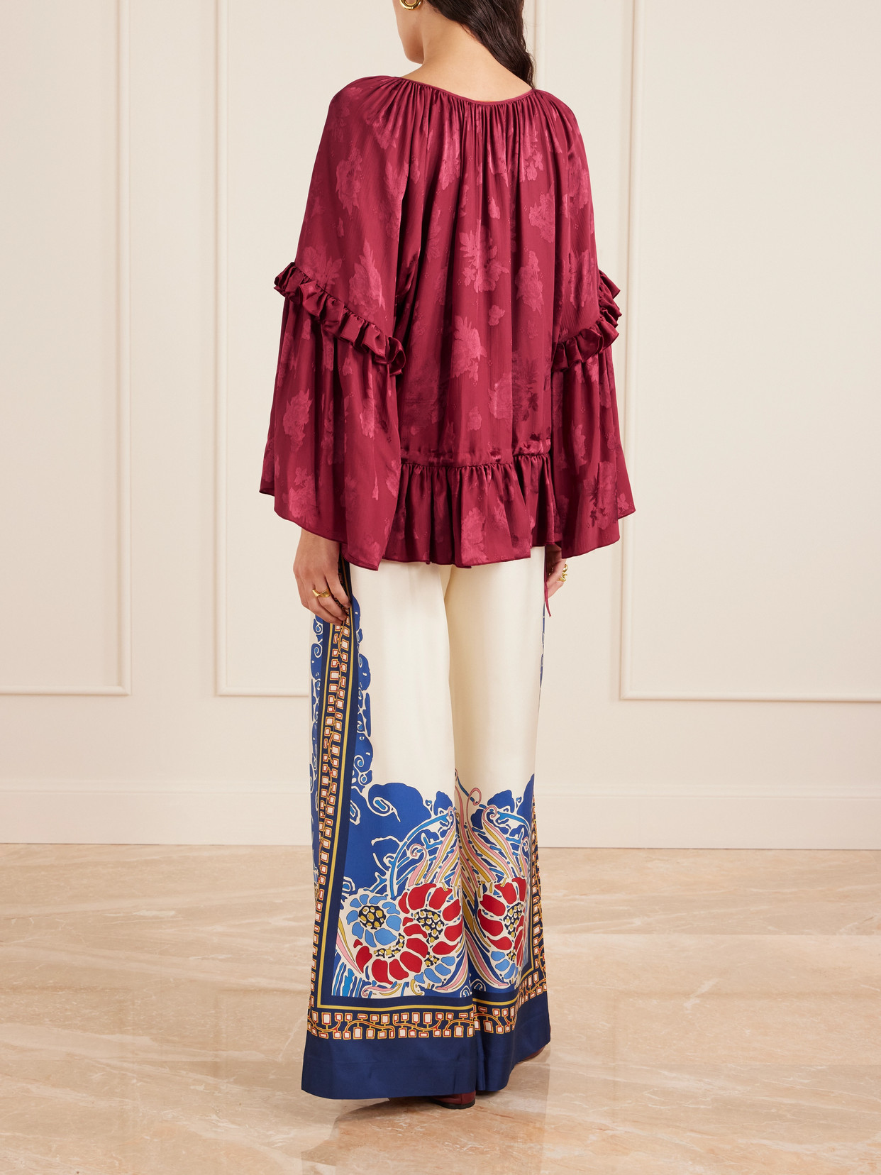 La Doublej Boho Asymmetric Ruffled Satin-jacquard Blouse In Burgundy