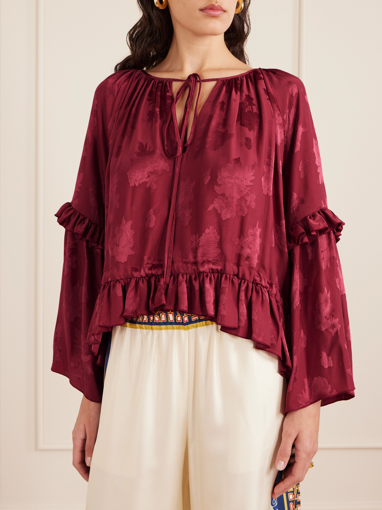 La Doublej Boho Asymmetric Ruffled Satin-jacquard Blouse In Burgundy