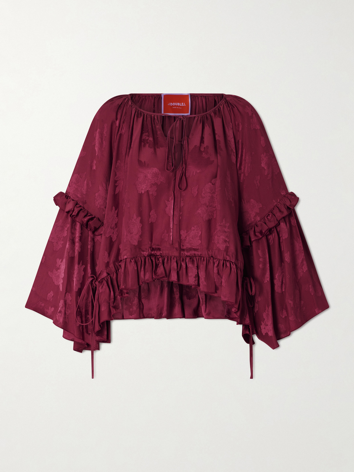 La Doublej Boho Asymmetric Ruffled Satin-jacquard Blouse In Burgundy
