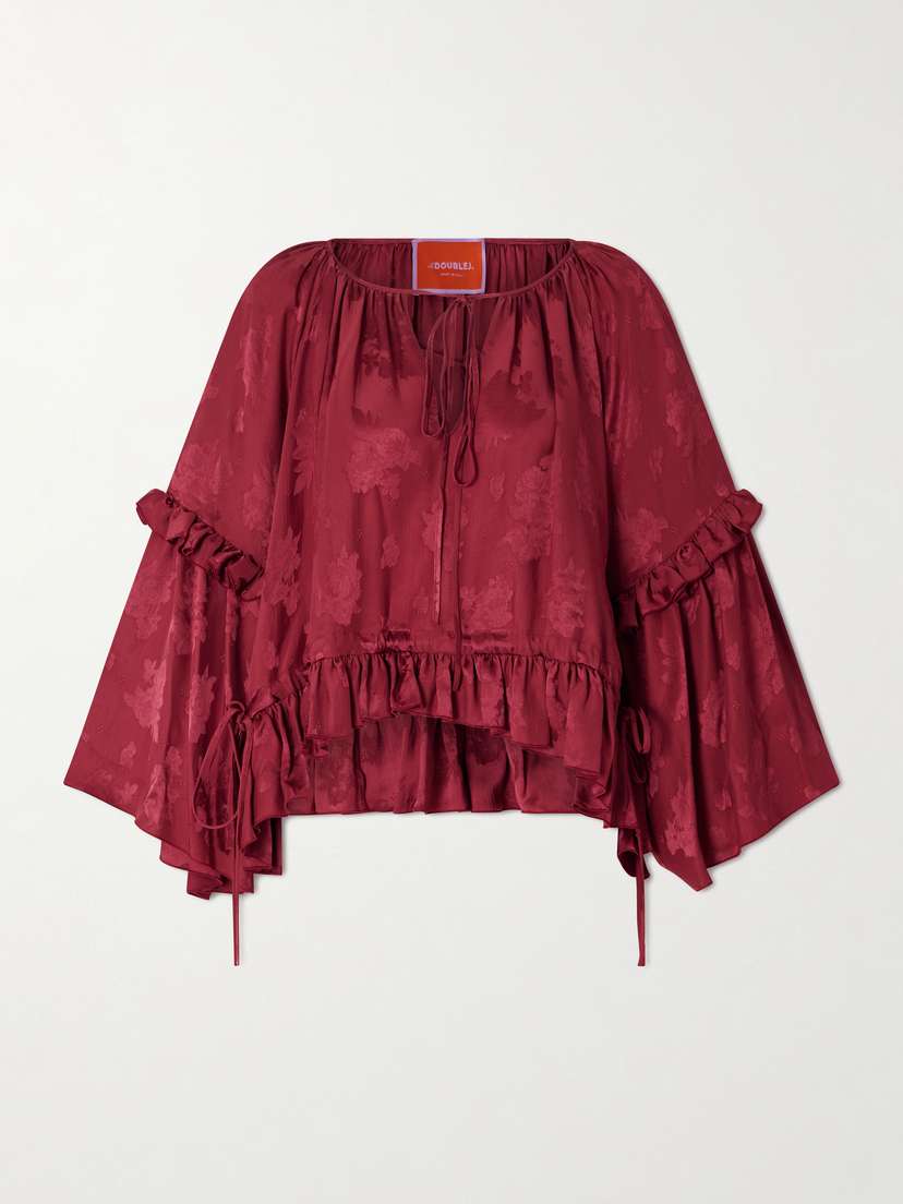 La DoubleJ Boho Asymmetric Ruffled Satin-jacquard Blouse