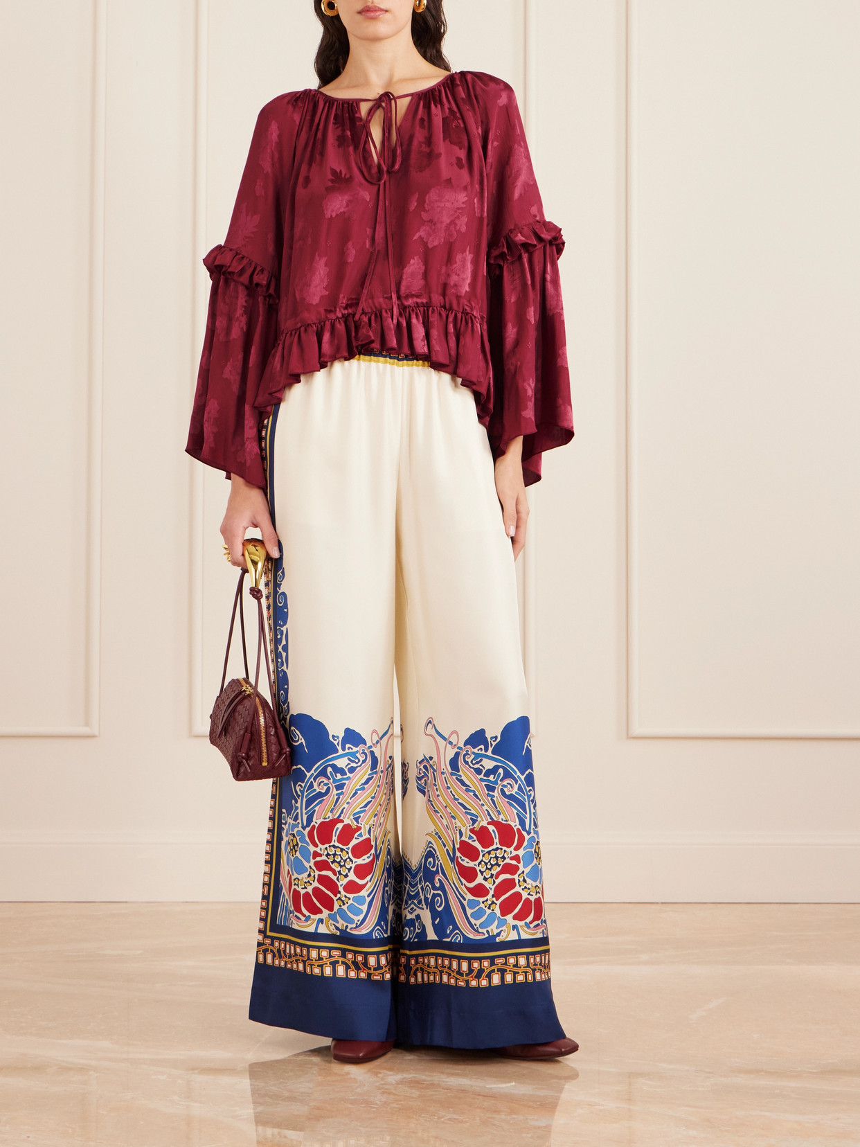 La Doublej Boho Asymmetric Ruffled Satin-jacquard Blouse In Burgundy