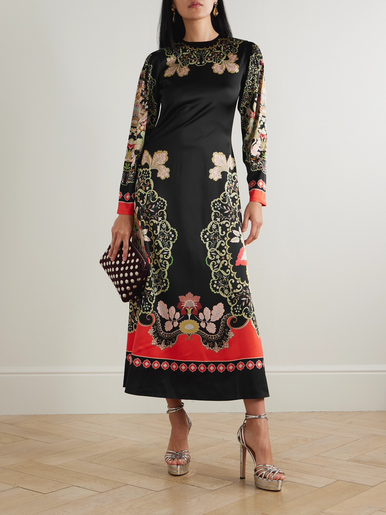 La Doublej Icon Clingy Swing Floral-print Stretch-satin Maxi Dress In Black