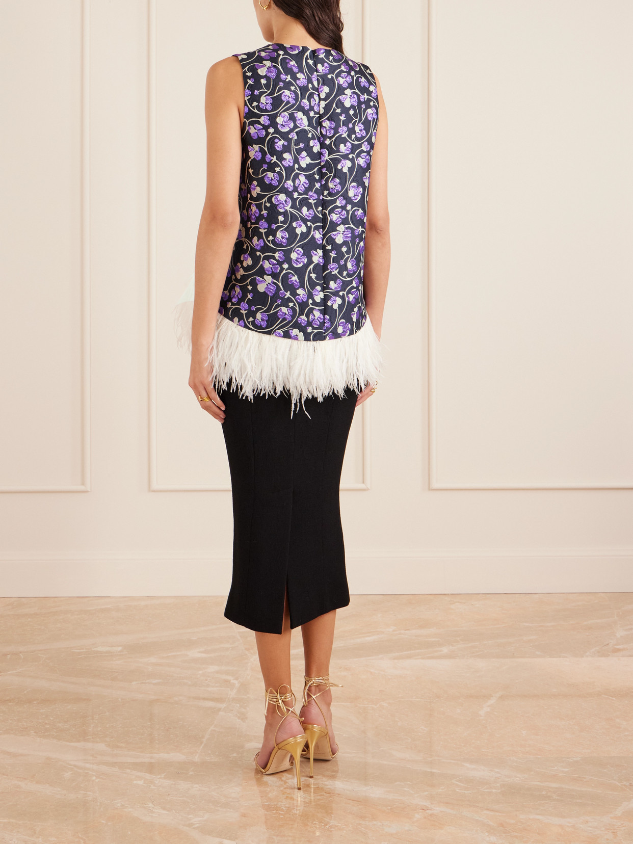 La Doublej La Scala Asymmetric Feather-trimmed Metallic Jacquard Top In Purple