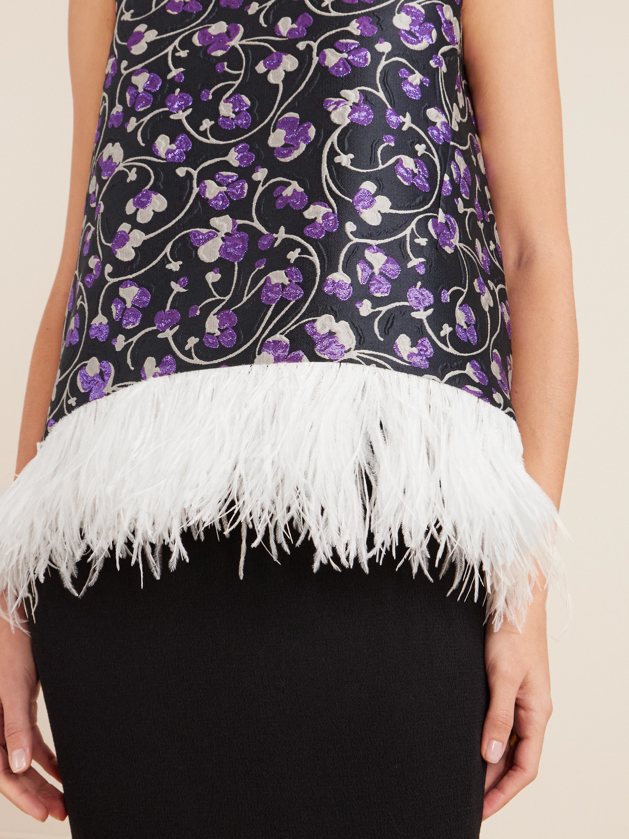 La Doublej La Scala Asymmetric Feather-trimmed Metallic Jacquard Top In Purple