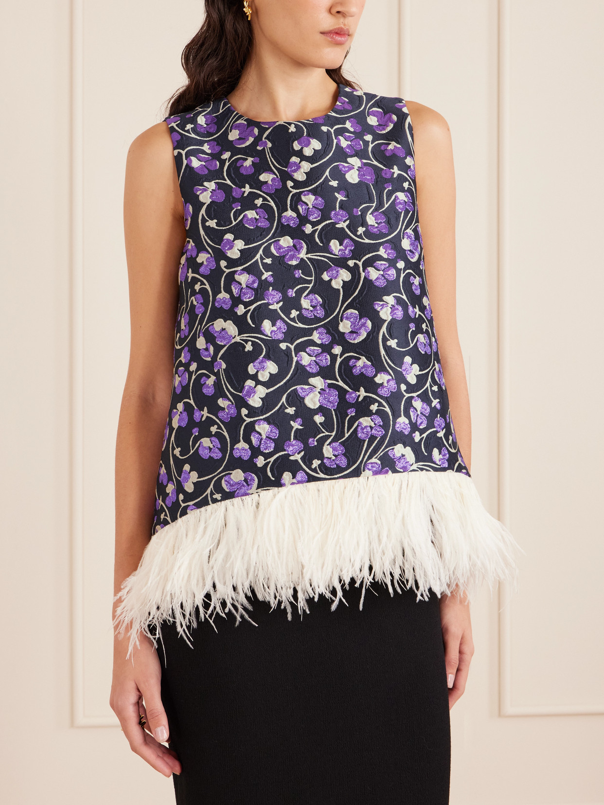 La Doublej La Scala Asymmetric Feather-trimmed Metallic Jacquard Top In Purple