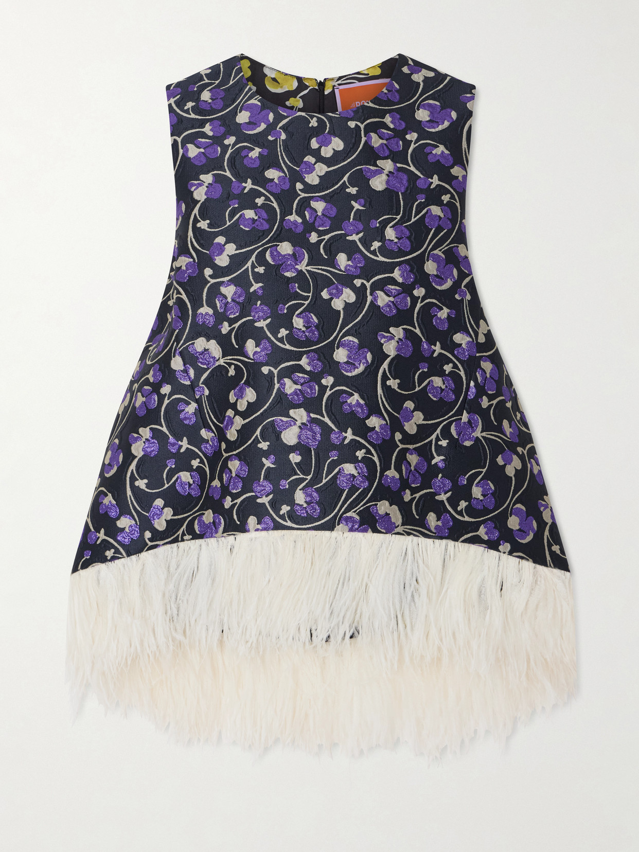 La Doublej La Scala Asymmetric Feather-trimmed Metallic Jacquard Top In Purple