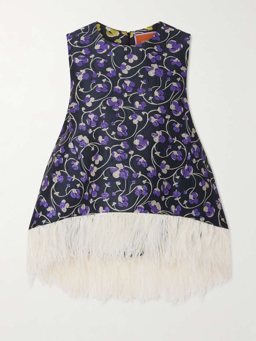 La DoubleJ La Scala Asymmetric Feather-trimmed Metallic Jacquard Top