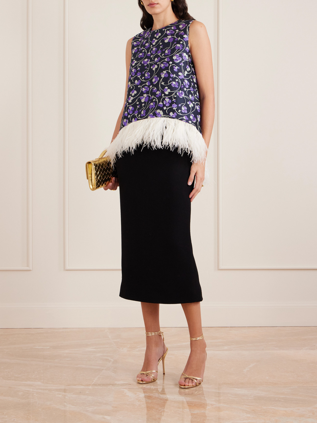 La Doublej La Scala Asymmetric Feather-trimmed Metallic Jacquard Top In Purple