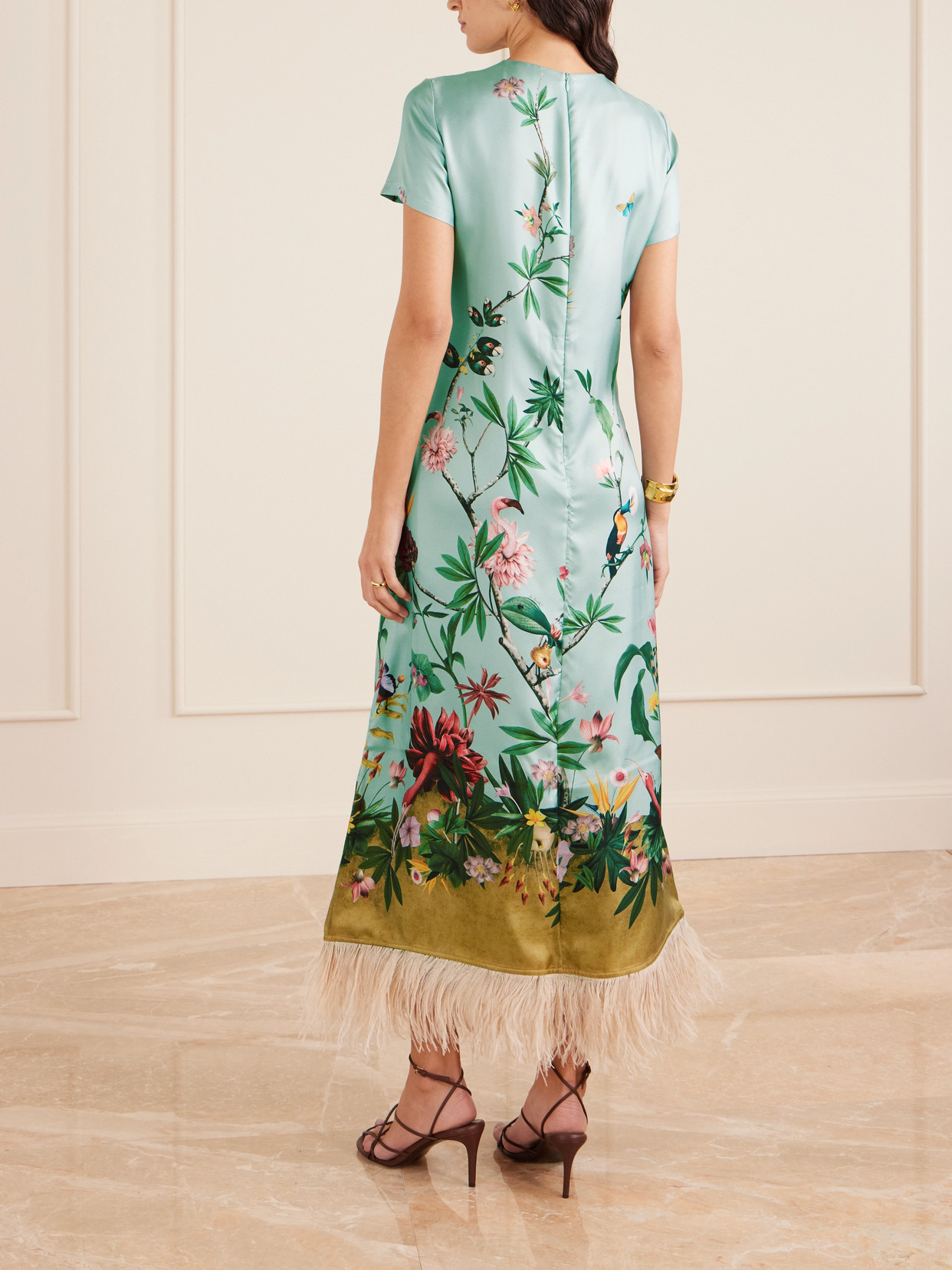 La Doublej Swing Feather-trimmed Printed Silk-twill Maxi Dress In Green