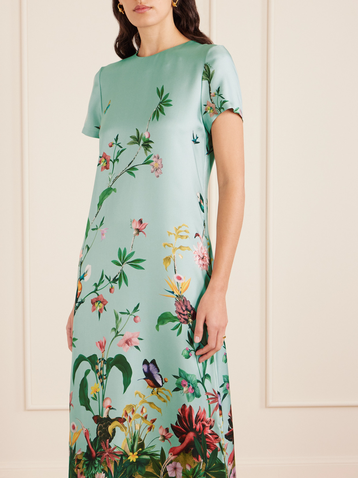 La Doublej Swing Feather-trimmed Printed Silk-twill Maxi Dress In Green