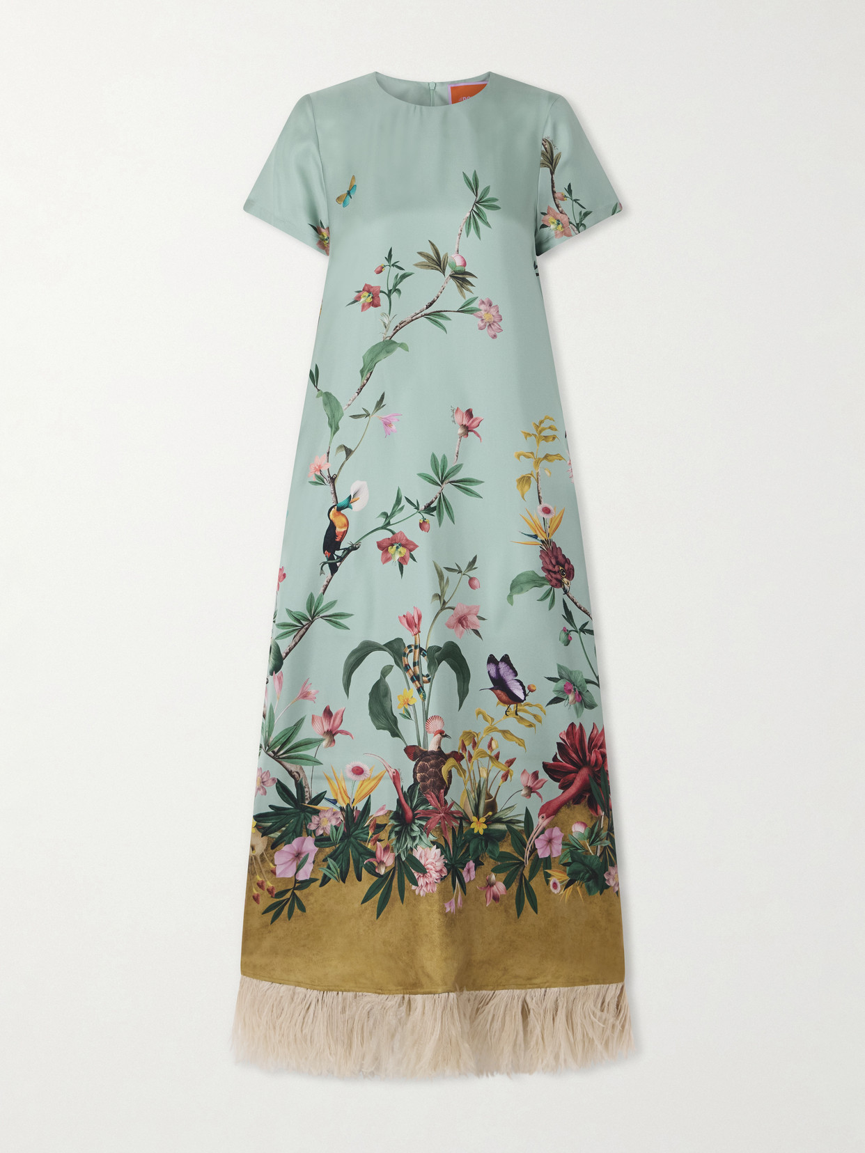 La Doublej Swing Feather-trimmed Printed Silk-twill Maxi Dress In Green