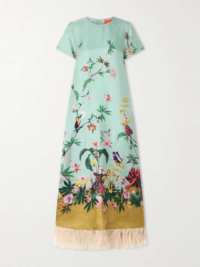 La DoubleJ Swing Feather-trimmed Printed Silk-twill Maxi Dress