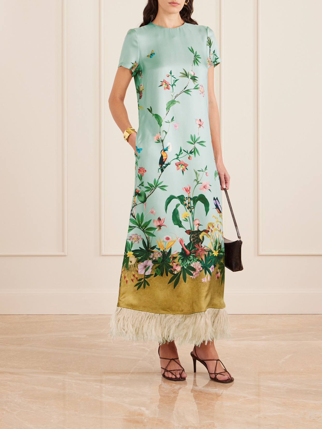 La Doublej Swing Feather-trimmed Printed Silk-twill Maxi Dress In Green