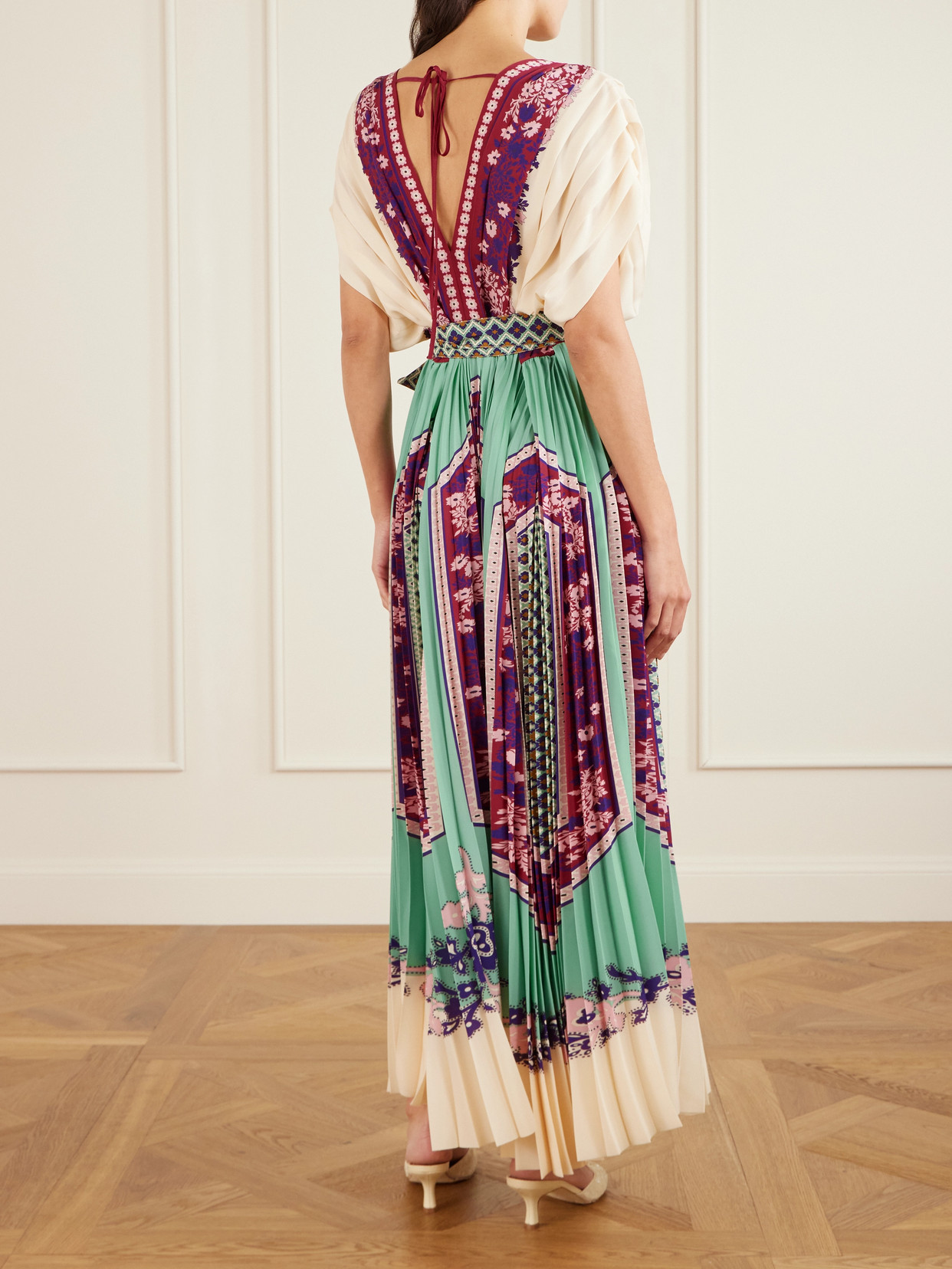 La Doublej Belted Printed Pleated Crepe De Chine Maxi Dress In Multi