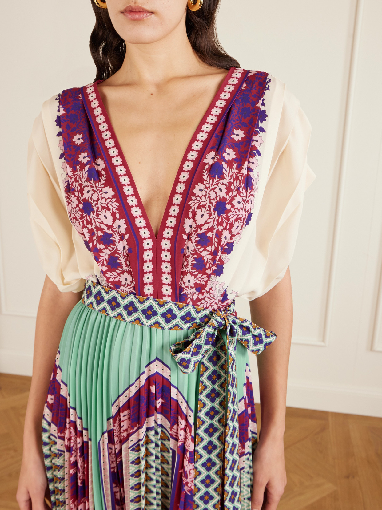 La Doublej Belted Printed Pleated Crepe De Chine Maxi Dress In Multi