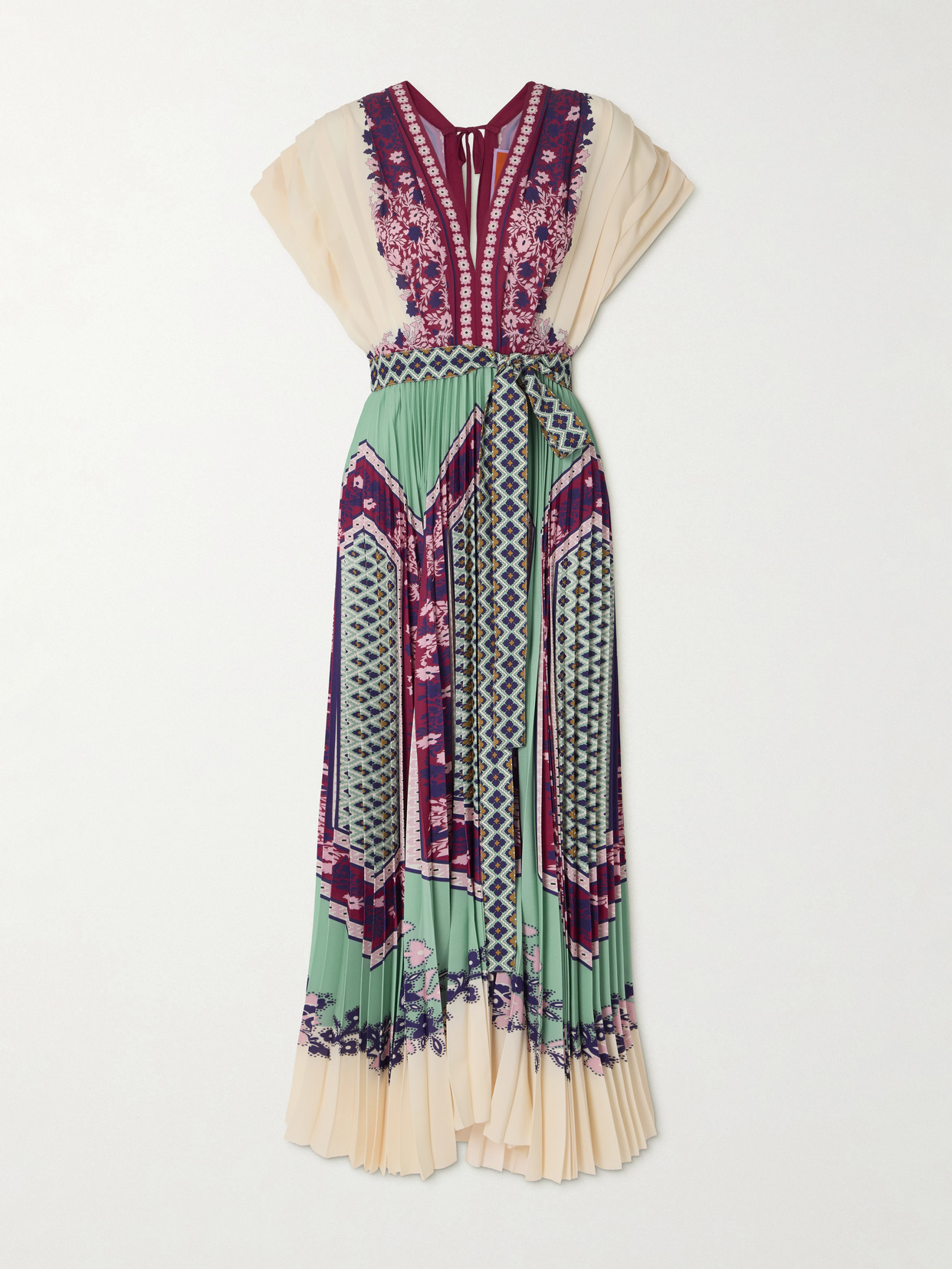 La Doublej Belted Printed Pleated Crepe De Chine Maxi Dress In Multi
