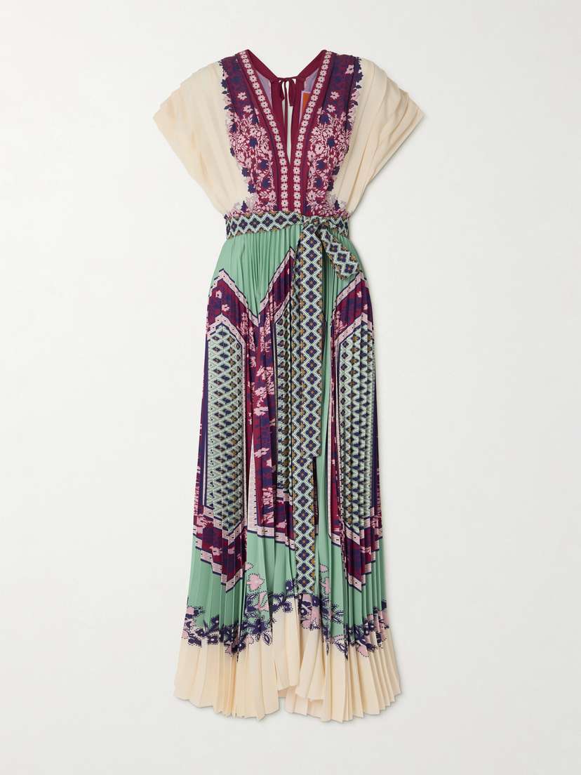 La DoubleJ Belted Printed Pleated Crepe De Chine Maxi Dress