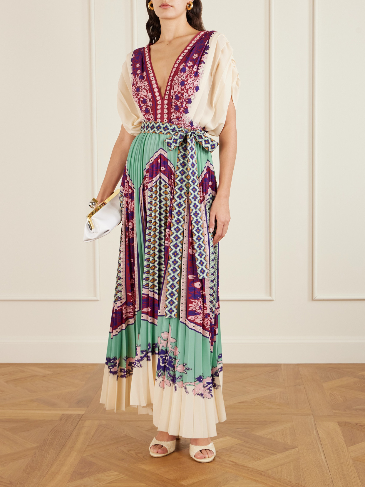 La Doublej Belted Printed Pleated Crepe De Chine Maxi Dress In Multi