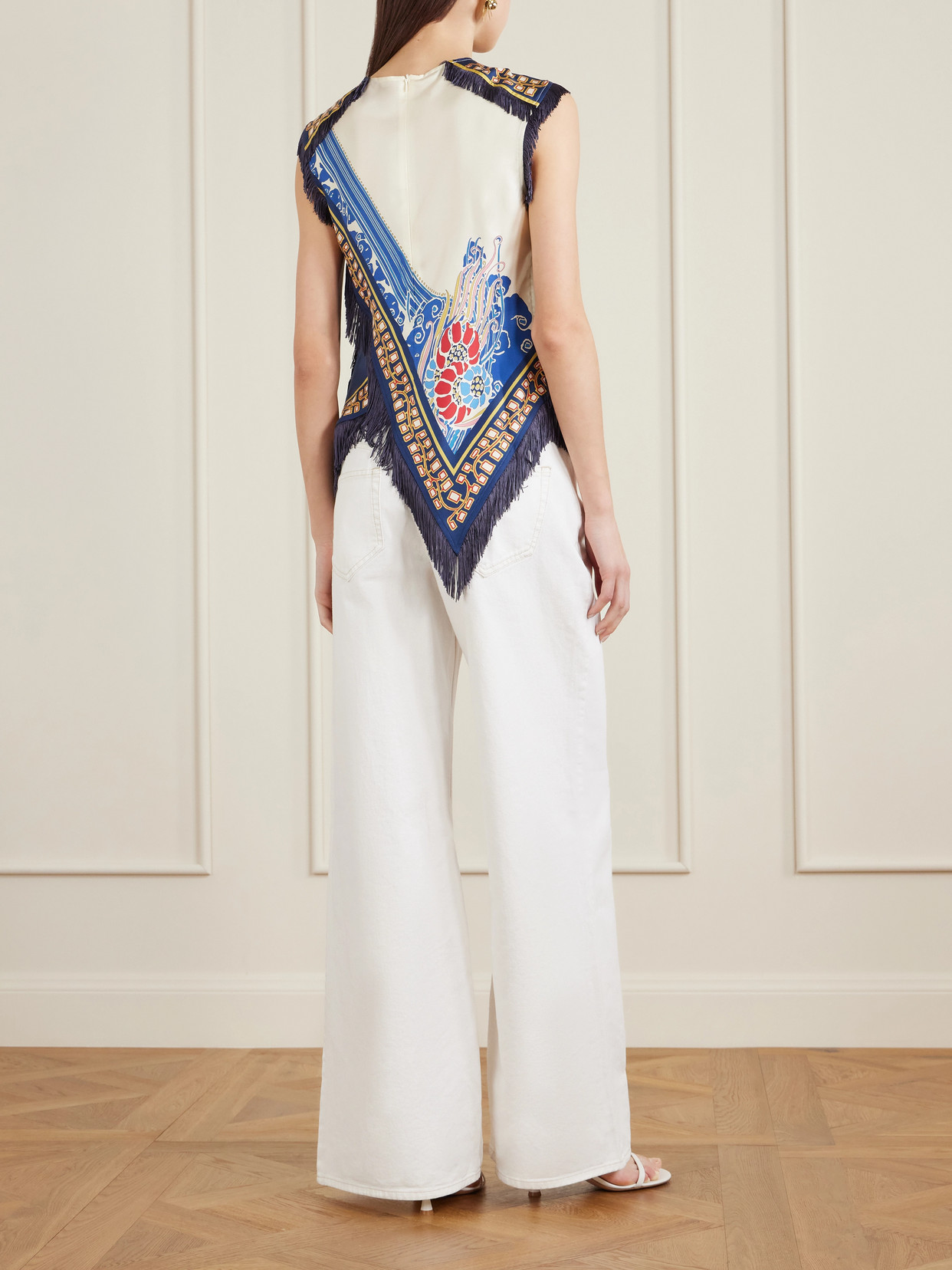 La Doublej Fringed Asymmetric Printed Silk-twill Top In Multi