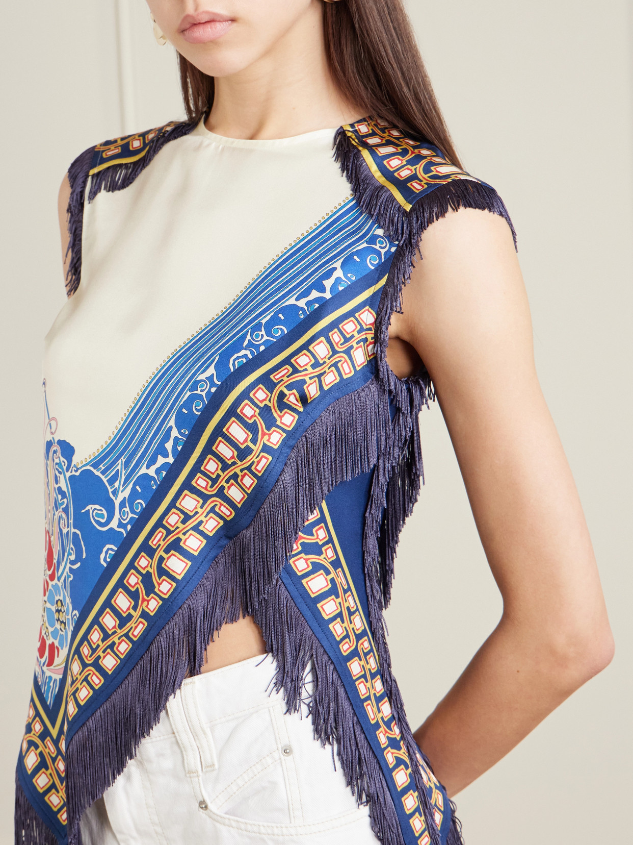 La Doublej Fringed Asymmetric Printed Silk-twill Top In Multi