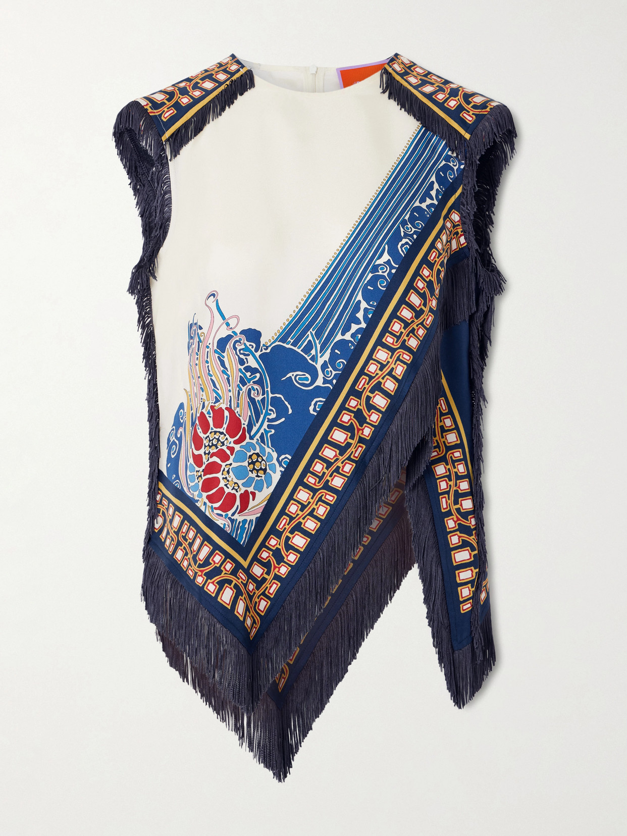 La Doublej Fringed Asymmetric Printed Silk-twill Top In Multi