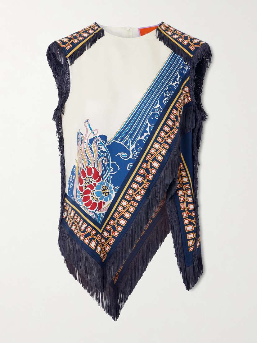 La DoubleJ Fringed Asymmetric Printed Silk-twill Top