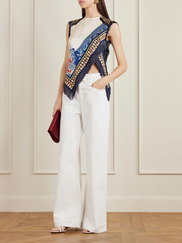 La DoubleJ Fringed asymmetric printed silk-twill top