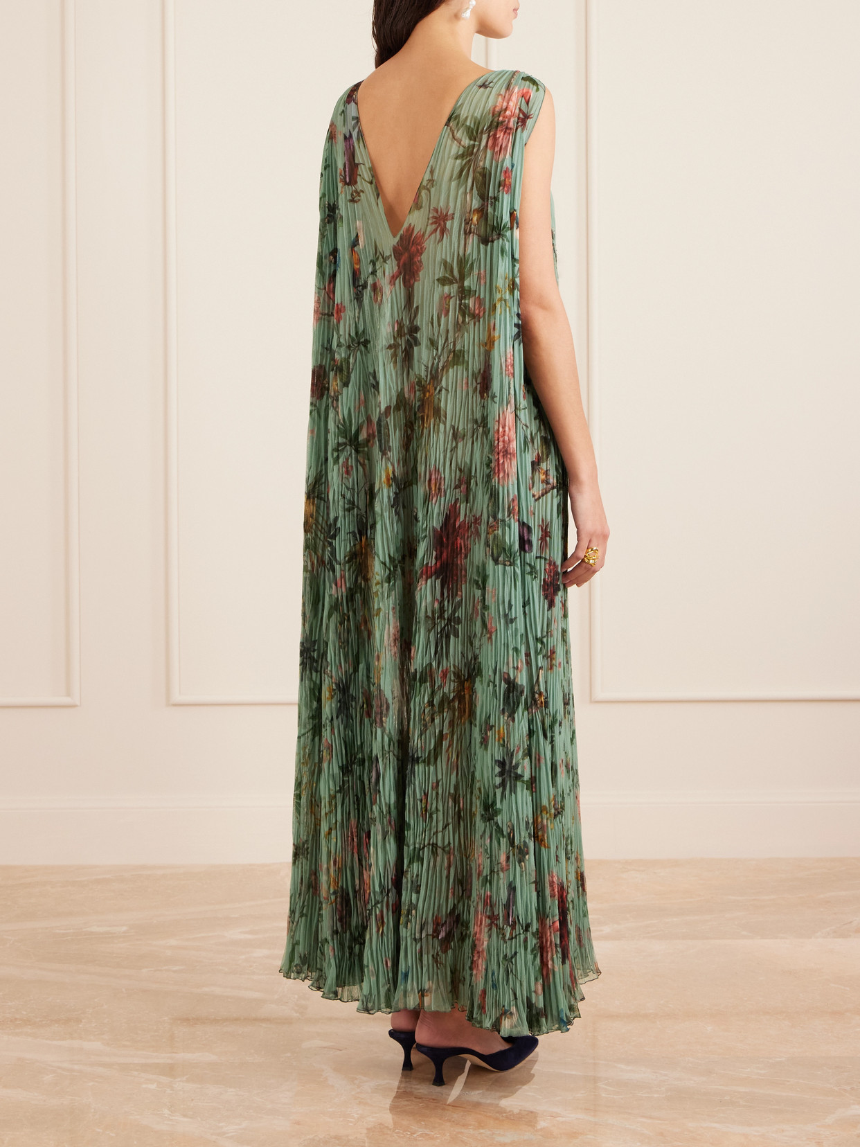 La Doublej Twirling Floral-print Plissé-chiffon Maxi Dress In Green